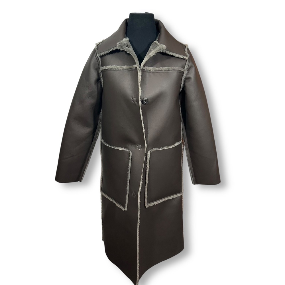 EUC Maeve Anthropologie Kerry Faux Leather Shearling Lined Coat‎ Brown Womens XS